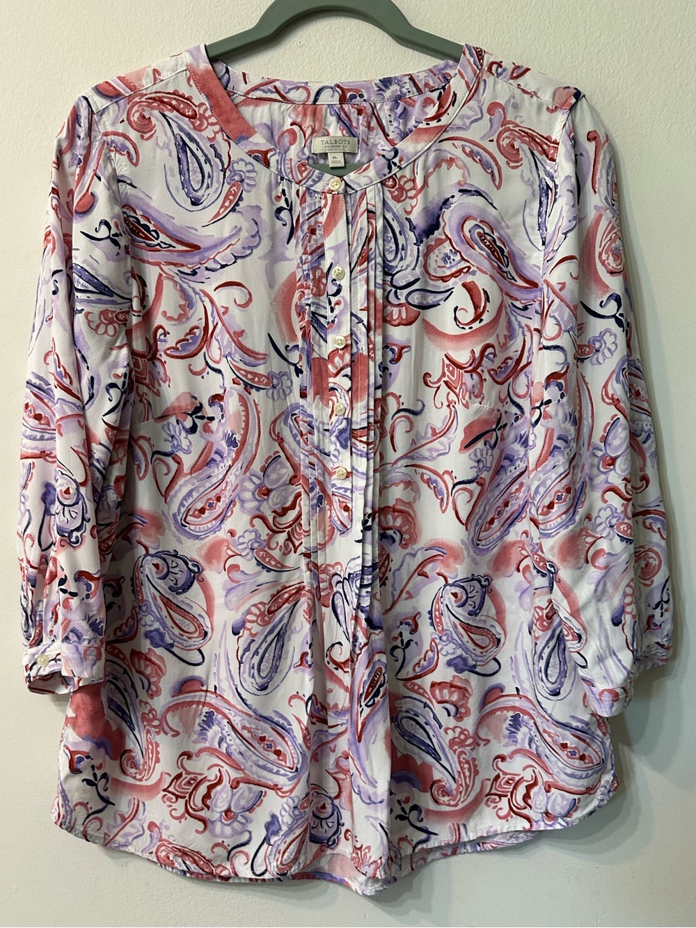 Talbots Petites Mp Paisley Blouse Button Front Placket 3/4 Sleeve Rayon Top
